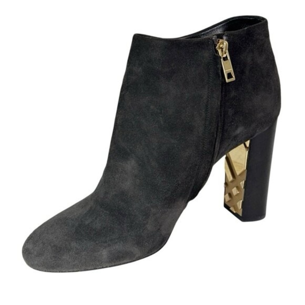 Burberry Kennard Ankle Boots – Dark Gray – Gold Check Heel – Size 35 (US 5)